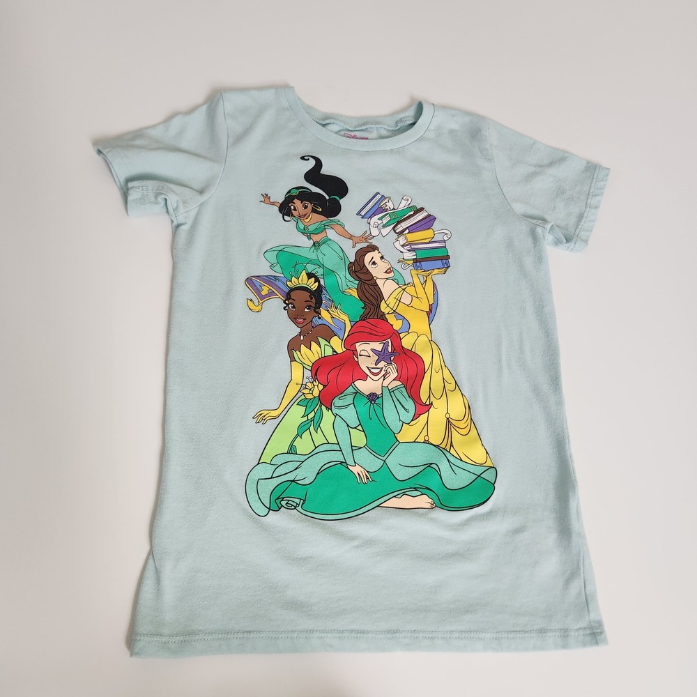 Disney Princess Girls Graphic Green T-Shirt Ariel Belle Tiana Jasmine Sz 12